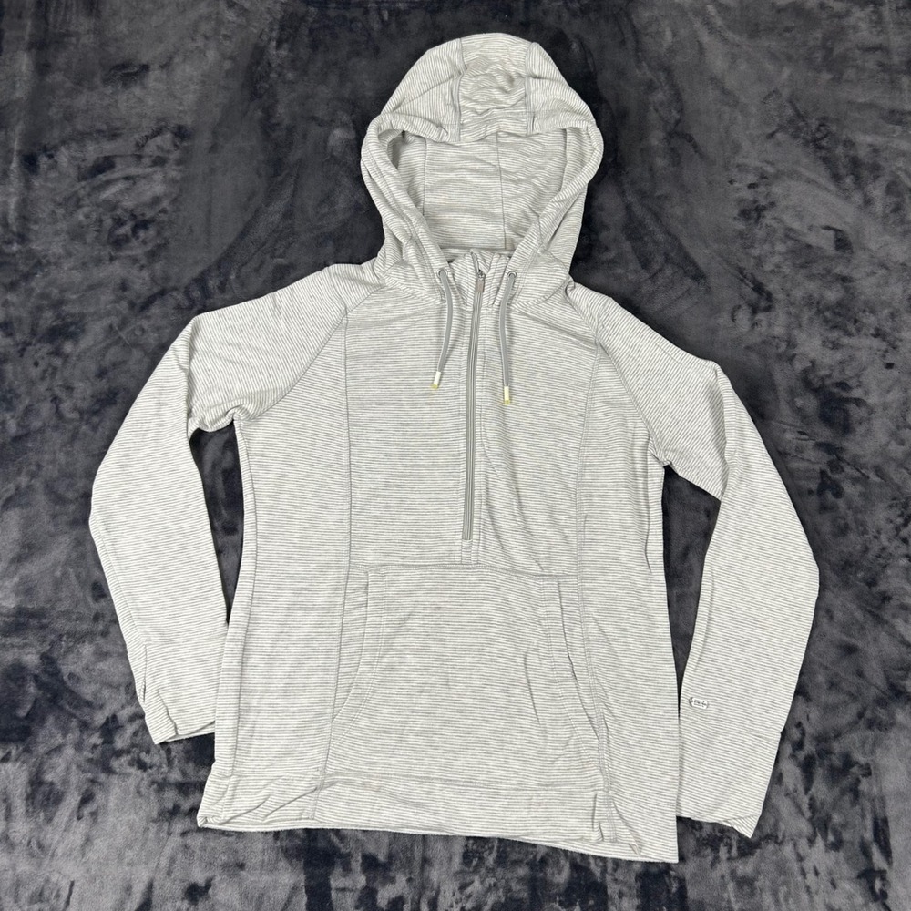 Tommy Hilfiger Sport Hoodie Women M Gray Striped Quarter Zip Activewear Pullover